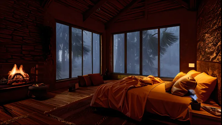 Room with fireplace and bed in front of the window, Large windows with views of the forest at night, The room is poorly lit, darkroom, darkroom, cozy place, Warm and peaceful environment, cozy atmosphere, comfortable room, cozy atmosphere, Unreal Engine re...