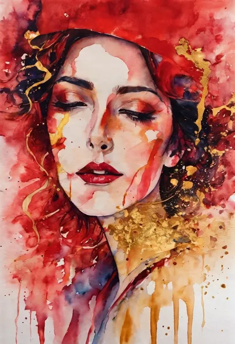 red and gold painting of woman, silvia pelissero watercolor, tumbler, abstraction, intense watercolor painting, watercolor detai...