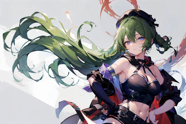 ubel,dark green hair,long hair,side ponytail,hair between eyes,bangs,
BREAK (beret, black jacket, open clothes, cleavage, midriff, black shorts, black thighhighs, thigh strap, fingerless gloves, single glove:1.2)
BREAK blurry background,
BREAK pose, hand o...