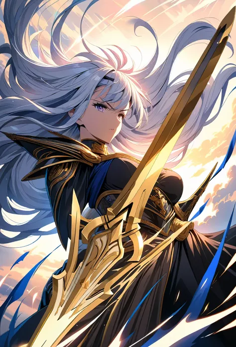 masterpiece, 4k, ultra detailed, ((solo)), anime style, mature woman with long flowy hair, holding gold sword, wind effect, dyna...