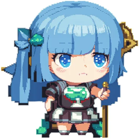 a close up of a pixel art of a girl with a backpack, 2 d sprite, visual novel sprite, art of kirokaze pixel, sprite 2 d, kantai collection style, rimuru, chibi, slightly pixelated, vivy, made in rpg maker, booru, mikudayo, miku, tsuaii