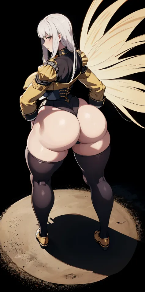 masterpiece, best quality, full body, 1solo full body female lysitheauniform uniform, hands on hips full body, whole body. long sleeves, from above far shot, showing ass, black background, golden armor, black collar, pauldrons, breastplate, corset