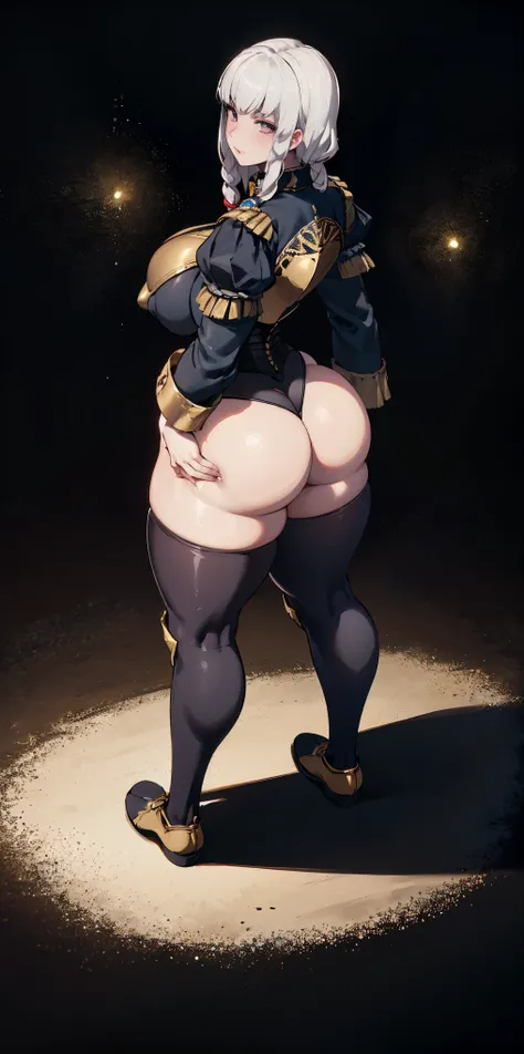 masterpiece, best quality, full body, 1solo full body female lysitheauniform uniform, hands on hips full body, whole body. long sleeves, from above far shot, showing ass, black background, golden armor, black collar, pauldrons, breastplate, corset