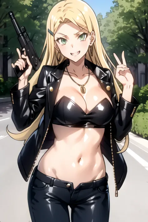 Chiffon Jahil, , blonde hair, long hair, green eyes, earrings, jewelry, necklace, hairclip, masterpiece, best quality, highly detailed, a girls with a gun, evil smile , open mouth, sexy gaze, badass
pose , evil smile, smile, (nsfw) not safe for work, guns ...