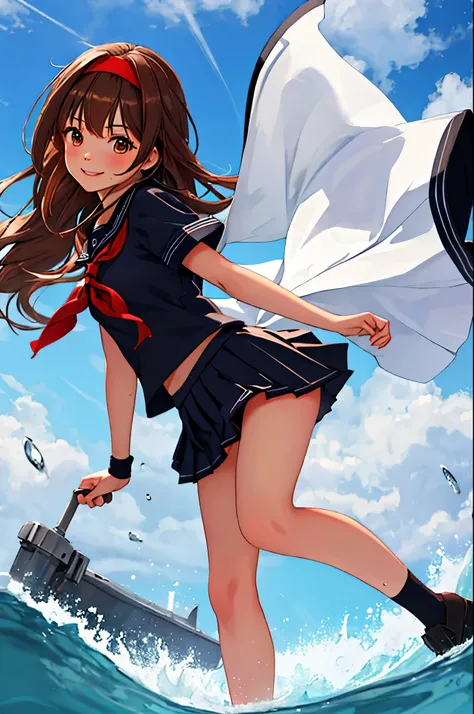 highest quality, masterpiece, High resolution, 1 girl,  (white dew　Change two　Fleet Collection:1.15), long hair, brown hair, brown eyes,  smile, black sailor suit, pleated skirt, slender body, full body figure,red headband