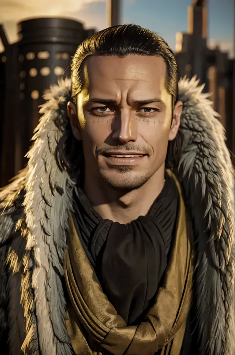 masterpiece, best quality, extremely detailed, hyperrealistic, photorealistic, a cool 40s man, ultra detailed face:1.2, fur-trimmed coat, scarf around the neck, his left hand is a golden pirate hook:1.1, ciger, on ship, sea:1.1, smiling
