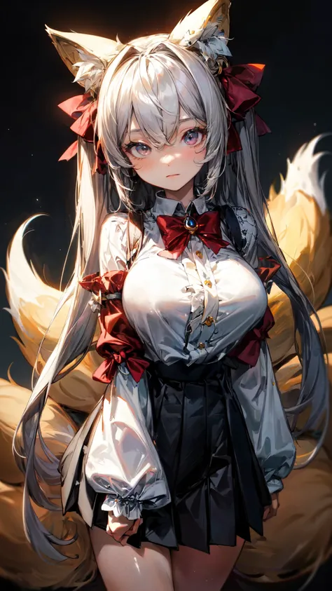 {{Masterpiece}},bestquality, highres, highquality,1girl,grey hair, long hair, twintails, bangs, hair between eyes, animal ears, fox ears, animal ear fluff, red eyes, tail, fox tail, virtual youtuber,grey hair, long hair, twintails, bangs, hair between eyes...