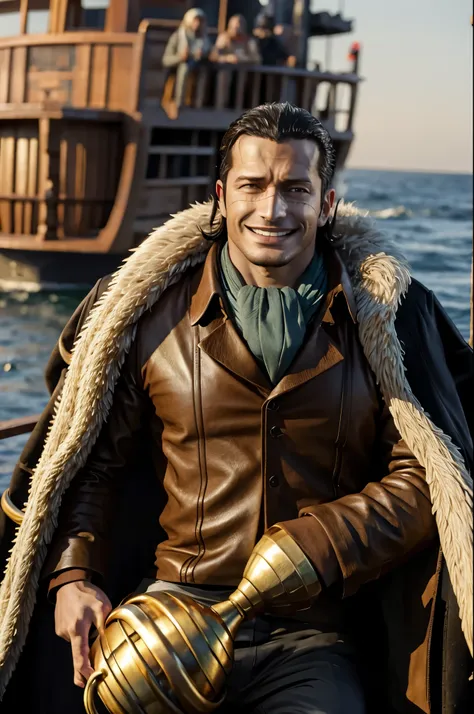 masterpiece, best quality, extremely detailed, hyperrealistic, photorealistic, a cool 40s man, ultra detailed face:1.2, fur-trimmed coat, scarf around the neck, his left hand is a golden pirate hook:1.1, on ship, sea:1.2, smiling
