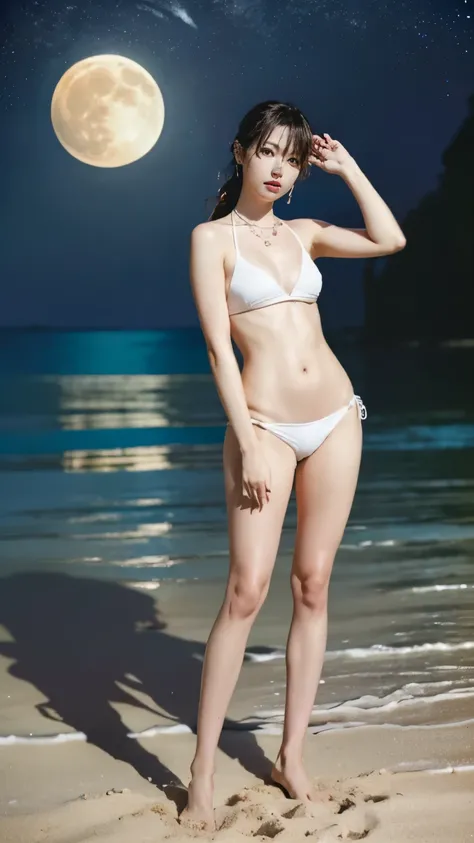 ((((Flawless解剖学)),A beautiful starry sky that looks like the stars are waving as the night falls,An image of the beautiful Shiho who came to a white sand beach in Hawaii where there is no lighting at all and the beach is illuminated by moonlight.,(She is w...