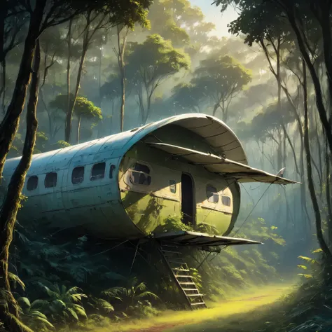 an old used airplane cabin with shelter in the forest, uma cena pitoresca, com luzes entrando pela copa das arvores e nevoa fina...