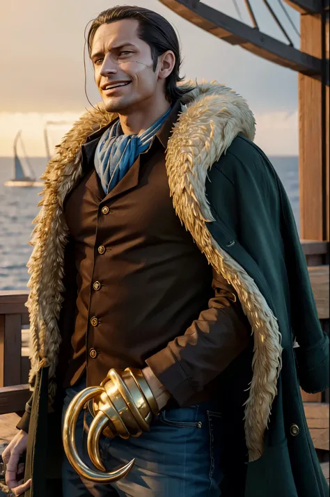 masterpiece, best quality, extremely detailed, hyperrealistic, photorealistic, a cool 40s man, ultra detailed face:1.2, fur-trimmed coat, scarf around the neck, his left hand is a golden pirate hook:1.1, on ship, sea:1.2, smiling
