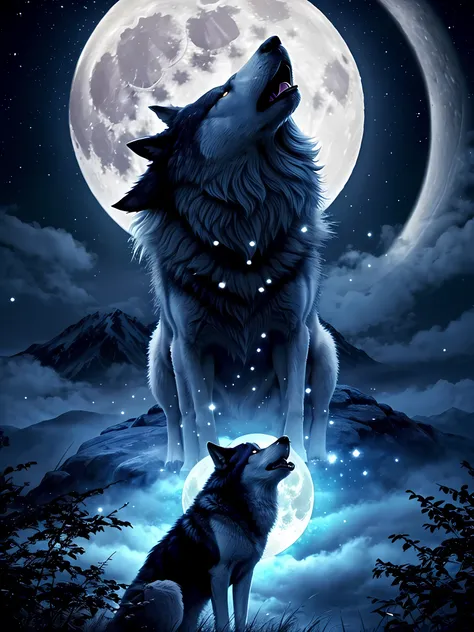 the wolf is howling、Background of full moon floating in the night sky、mysterious aura