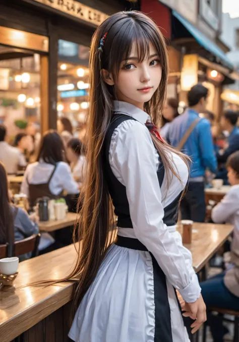 photograph, disorganized, High resolution, super detailed, maid girl,:d、((Long straight hair_Hair reaching down to the waist:1.3))、mini skirt、In a crowded café at dusk