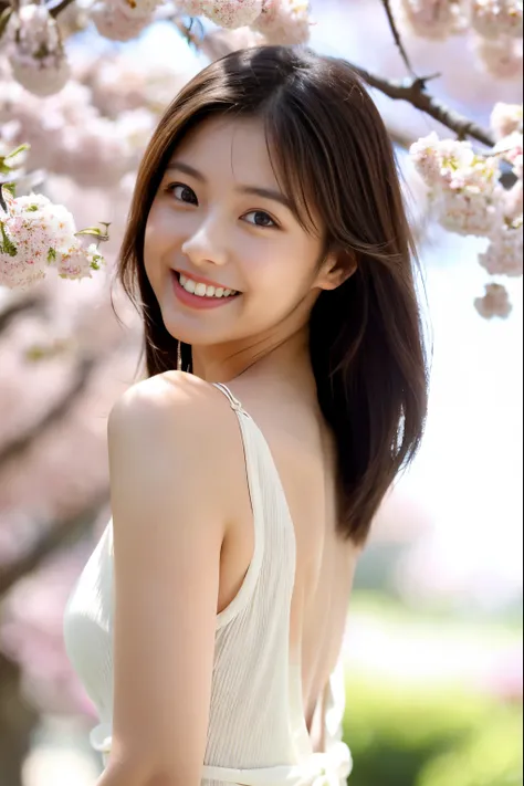 high resolution、in detail、perfect face、Like a real human、perfect upper body composition、26 years old、japanese woman、dense and beautiful big eyes、thin lips、arched eyebrows。Natural light。Beautiful cherry blossoms on the background。natural body。髪の毛はIt&#39;s w...