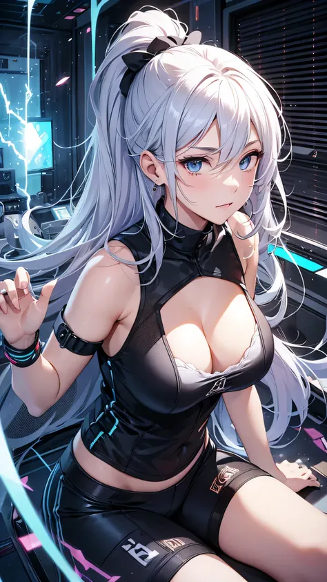 最high quality、best image quality、masterpiece、girl((18-year-old、 By becoming、vest bust、medium bust,wide open breast tea、shining eyes, silver hair、ponytail、long hair、thin,highest valley、white tank top、blue pants、Wristband、have a knife、ruby earrings、squat、Lea...