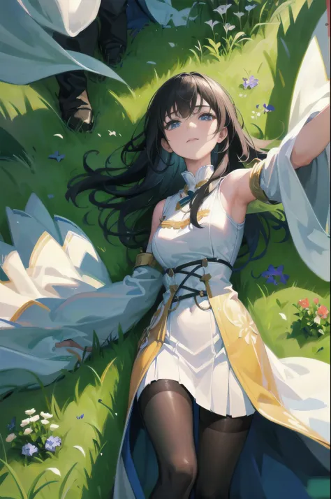 in a green meadow is a girl who leads a group of knights. break with a brave expression, guides them to their destination. break...