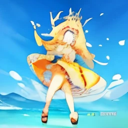 Make the character Amber from Brawl Stars with the following descriptions: Amber veste um traje de surfe adaptado para o deserto, consisting of a two-piece bikini in shades of orange and gold, com detalhes em tecido brilhante que lembram as escamas de uma ...