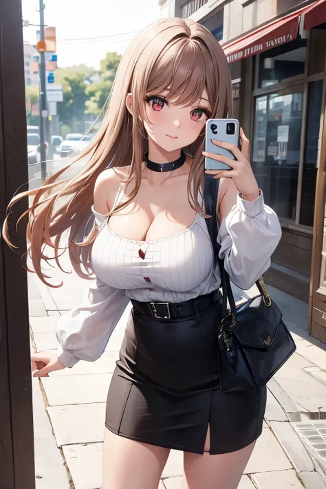 Game , goddess of victory nikke, Rapi , light brown hair,  alluring eyes ,beautiful face , crystal red eyes ,  long hair , Korean ruffles blouse with off shoulders tops , blue colour , cleavage,white colour solid ribbed knit pencil skirt ,selfie wind, only...