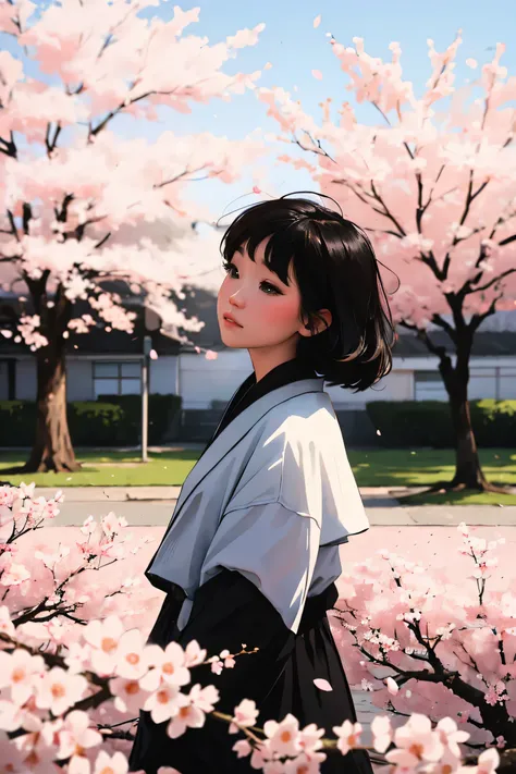 1 woman,black hair, floating hair, Coast, sight, sight, Cherry Blossom, falling petals, light of sunlight, god ray, Upper body vivid colors, soft focus, light leak, dreamlike atmosphere, experimental charm, Nostalgic charm BREAK color field painting, vario...