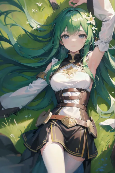 In a green meadow is a girl who leads a group of knights. BREAK With a brave expression, guides them to their destination. BREAK Behind her, A green forest extends and beyond that, Mountains rise in the distance. BREAK The most suitable effect for this sce...