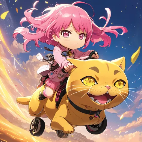 pink-haired chibi girl riding a giant chibi yellow cat, anime style, key visual, vibrant, studio anime, highly detailed