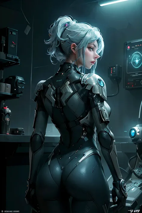 Eve from Stellar Blade, viewed from her back side, an intriguing sight to behold in this masterpiece of science fiction art. The back view of this character, hailing from a cyberpunk universe, exudes a futuristic allure. Her body, adorned in a thick, form-...