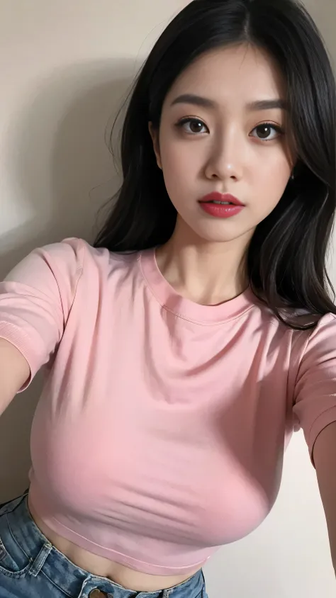 masterpiece:2.0，best quality,  perfect face，Black medium hair，She wears a pink t-shirt，wearing black trousers，big breasts，pink lipstick，Mature