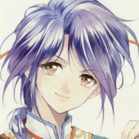 Generate an image portraying Nuriko, a beautiful androgynous character from the Fushigi Yuugi manga/anime series. He should have long, flowing purple hair styled femininely with ornamental hairpins. His facial features should appear delicate and bishonen-l...