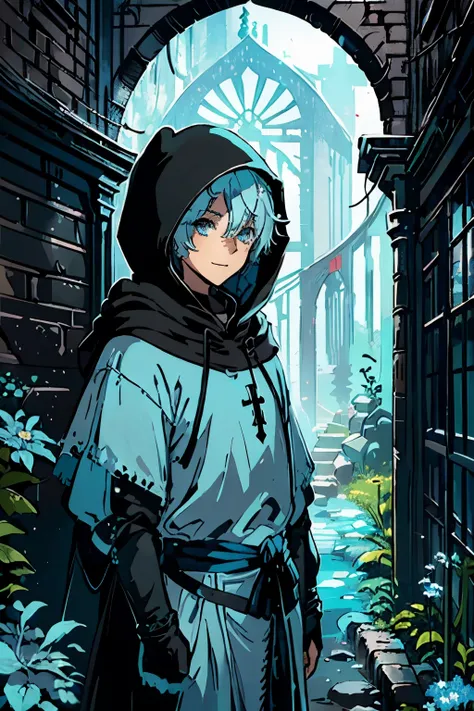 1boy, ((light blue hair)), ((blue shinny eyes)), smile,((medieval clotes)), ((dressing a black hood)).
