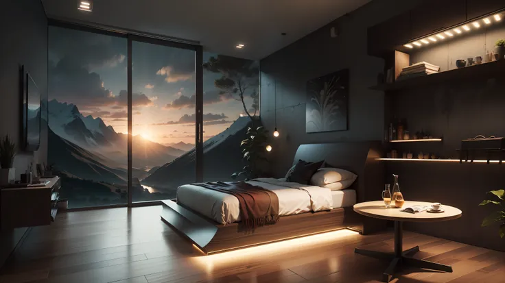 (stunning scenery:1.1), best quality, Super detailed,(best quality:1.2, Super detailed:1.1, stunning scenery:1.1), best quality, masterpiece, hyperdata, ((best lighting, modern bedroom:1.2, minimalist aesthetic:1.1, Stylish design:1.2, Stylish design:1.1, ...