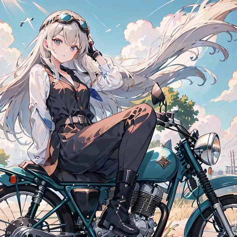 (ride a classic motorcycle )、（goggles and helmet）、 summer, wind, scratch, sun,, perfect face and blonde hair、wearing a light sum...