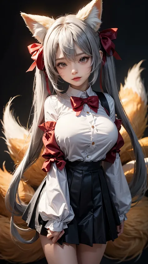 {{Masterpiece}},bestquality, highres, highquality,1girl,grey hair, long hair, twintails, bangs, hair between eyes, animal ears, fox ears, animal ear fluff, red eyes, tail, fox tail, virtual youtuber,grey hair, long hair, twintails, bangs, hair between eyes...