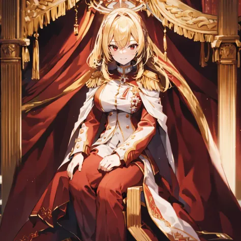 a woman wearing a red military dress with white details, with golden shoulder pads, blonde hair, red eyes, smiling, on a royal throne, around a large room with pillars, ultra detailed, ultra resolution, masterpiece, 4k HD, HDR.
