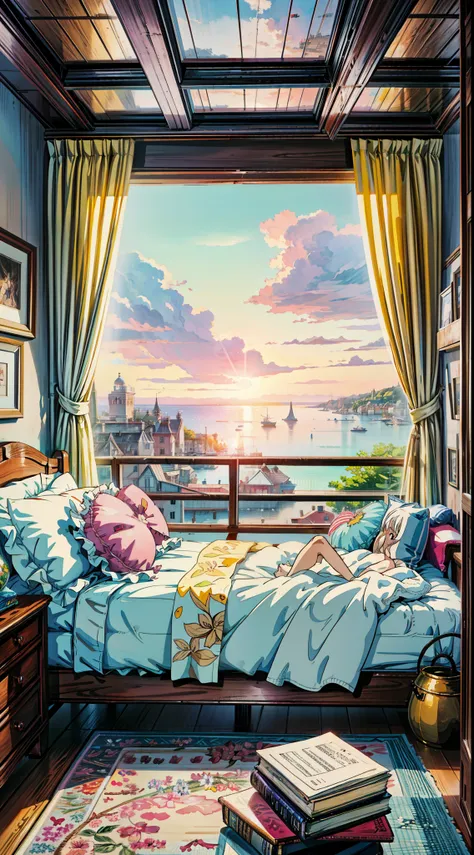 a bedroom with a view of the ocean, personal room background, anime. by makoto shinkai, a sunny bedroom, alena aenami and artgerm, anime scenery, by Makoto Shinkai, by makoto shinkai, bedroom background, dream scenery art, anime landscape, bedroom in studi...