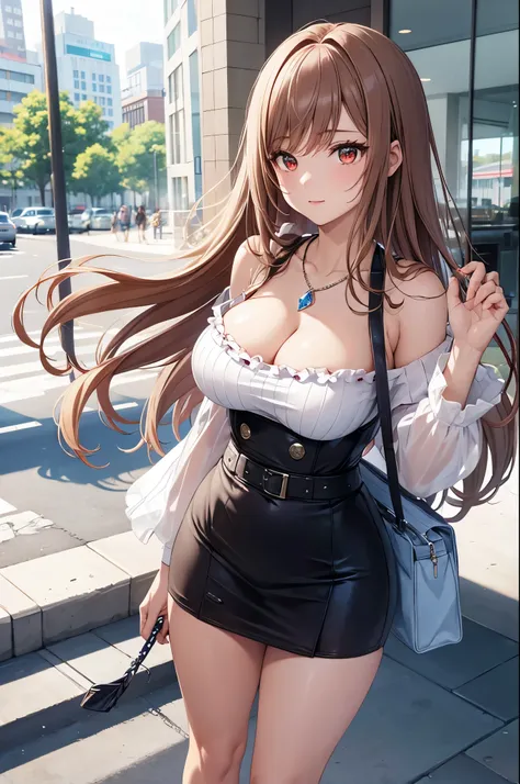 Game , goddess of victory nikke, Rapi , light brown hair,  alluring eyes ,beautiful face , crystal red eyes ,  long hair , Korean ruffles blouse with off shoulders tops , blue colour , cleavage, necklace,white colour solid ribbed knit pencil skirt ,selfie ...