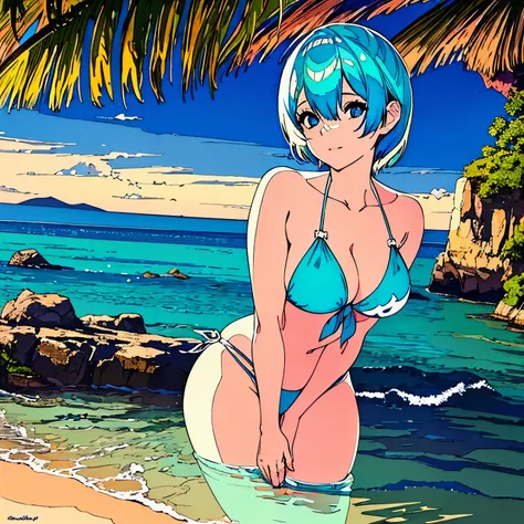 A girl with short hair named Rem, wearing a bikini, stands by the sea. She has beautiful detailed eyes and lips, and her face and eyelashes are extremely detailed. The image is created using a mixture of illustration and photography, producing a high-quali...