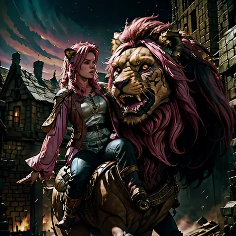 pink-haired girl riding a giant black lion, live action style, key visual, vibrant, studio anime, highly detailed, dark fantasy