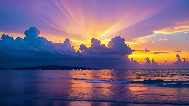 beautiful sea、Gold and purple sky、Romantic cute with clouds and stars