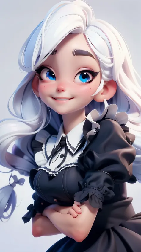  Alice in Wonderland, Model figure style , maid clothes black color, clothes maid black color, sweet girl, exquisite eyes, white hair, delicate smile, show body , simple white background