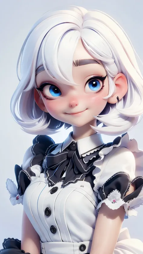  Alice in Wonderland, Model figure style , maid clothes black color, clothes maid black color, sweet girl, exquisite eyes, Inverted Bob white hair , white hair, delicate smile, show body , simple white background