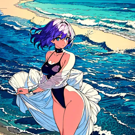 A girl with short hair named Rem, wearing a bikini, stands by the sea. She has beautiful detailed eyes and lips, and her face and eyelashes are extremely detailed. The image is created using a mixture of illustration and photography, producing a high-quali...