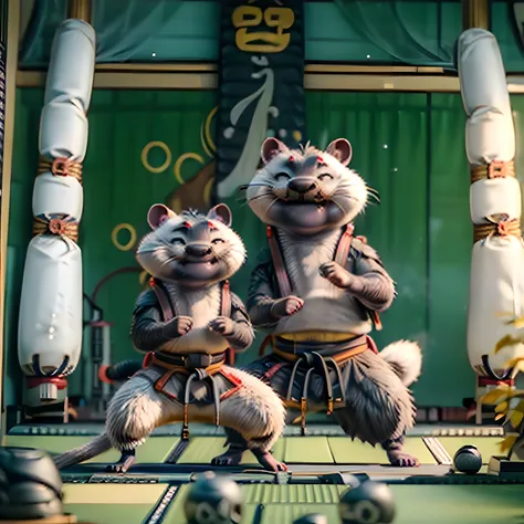 (japanese dojo:1.7) , ((ferret doing kung fu)), dynamic pose, kung fu outfit, ((long snout)), friendly face, masterpiece, detailed, high quality