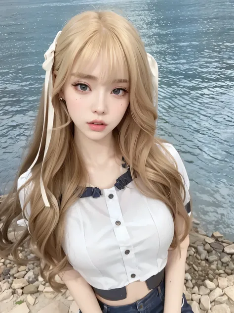 Blonde woman with long hair holding a white cell phone., retrato de kim petras, maquillaje popular de corea del sur, Retrato de Jossi de Blackpink, Parque Roseanne de Blackpink, ulzzang, maquillaje coreano popular, cruel korean gothic girl, ava max, con el...