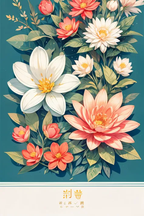 Slightly retro color,flat,,rice print style,illustration,Lovely,leave blank,low saturation,many flowers，Arrange individually，leaf，branch，printing， a sticker，random distribution，Lovely风格， color guide，graphic design，carpet pattern，（solid color background）