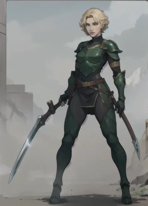 Blonde short curly hair, green eyes, upturned nose, warrior, green and black armor, full body, belt with weapon, 27, Russian look