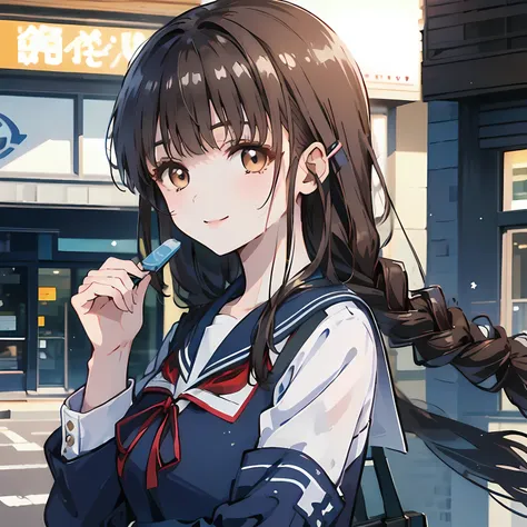 highest quality, (masterpiece:1.2), High resolution, perfect pixel, One long and so beautiful straight haired , 16 years old, (((big very detailed beautiful dark brown eyes))), ((((Navy blue winter sailor suit)))), ((very lovely & large & wide ribbon barre...