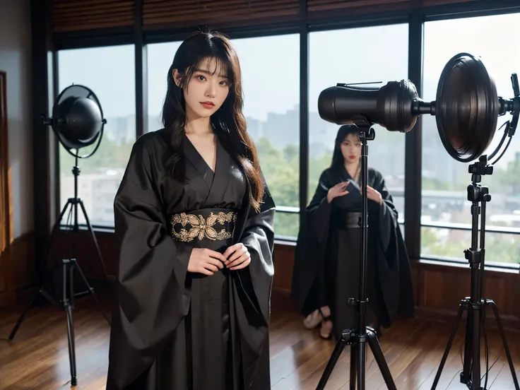 (best quality,ultra-detailed,realistic:1.37),studio lighting,beautiful girl, long black hair, gothic-style black kimono, standing in front of a microphone with a music stand. The room is equipped with acoustic treatment elements and a window. The microphon...