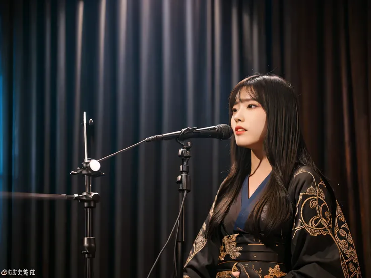 (best quality,ultra-detailed,realistic:1.37),studio lighting,beautiful girl, long black hair, gothic-style black kimono, standing in front of a microphone with a music stand. The room is equipped with acoustic treatment elements and a window. The microphon...