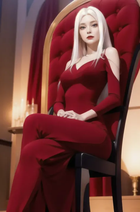 a woman in a red dress sitting on a red chair, long white hair,