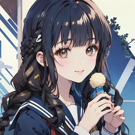 highest quality, (masterpiece:1.2), High resolution, perfect pixel, One long and so beautiful straight haired , 16 years old, (((big very detailed beautiful dark brown eyes))), ((((Overall navy blue winter sailor suit)))), ((very lovely & large & wide ribb...